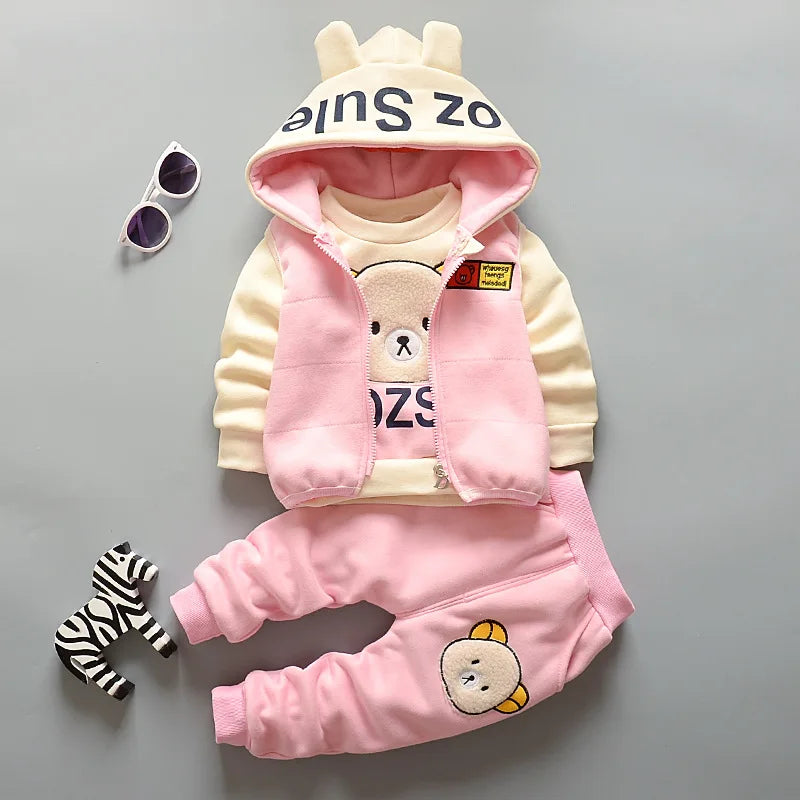 2024 Boys & Girls Cotton Hoodie Set - Cute Bear Cartoon 3-Piece Suit for Kids