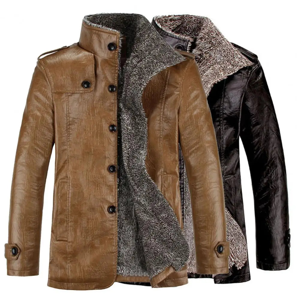 Men's Winter Warm Faux Leather Jacket – Solid Color Long Sleeve Cardigan Coat