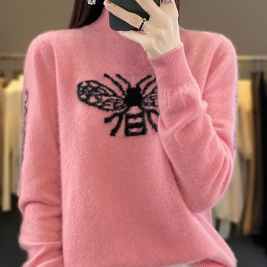 Autumn and Winter Women's Pullover Embroidered Pure Wool Knit Sweater Keep Warm Fashion Loose Half High Ccollar Base Top MT8127