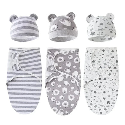 Baby Swaddle Blanket and Hat Set - Adjustable Cotton Wrap for 0-6M Infants