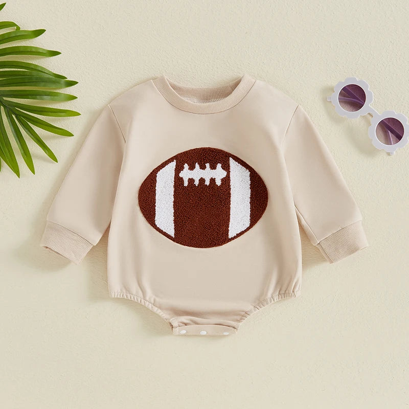 Autumn Baby Boy Bodysuit - Football Embroidered Long Sleeve Jumpsuit for Fall