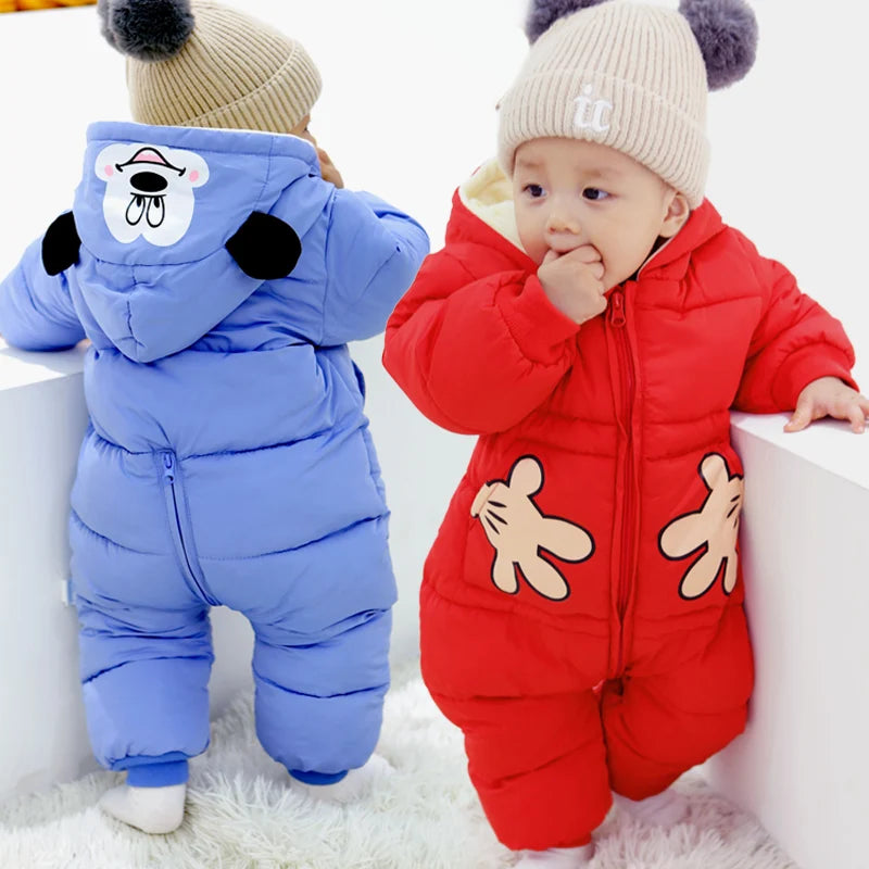 Baby Girl Cartoon Romper - Hooded Plus Velvet Newborn Jumpsuit for Autumn Winter