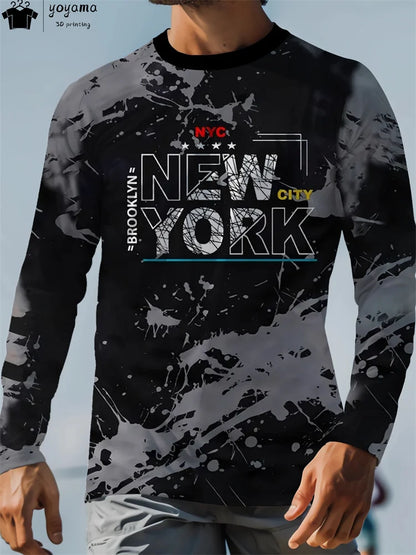 New York Print Men's Long Sleeve T-Shirt – Graphic Round Neck Casual Designer Tops