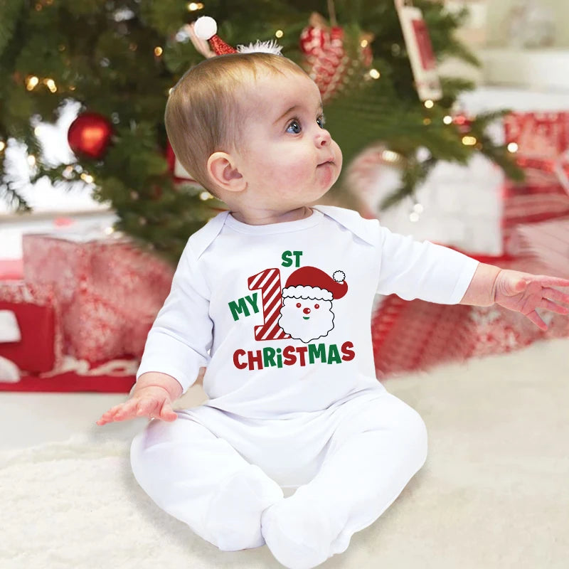 My 1st Christmas Santa Printed Baby Sleepsuit – Newborn Xmas Romper Long Sleeve Bodysuit