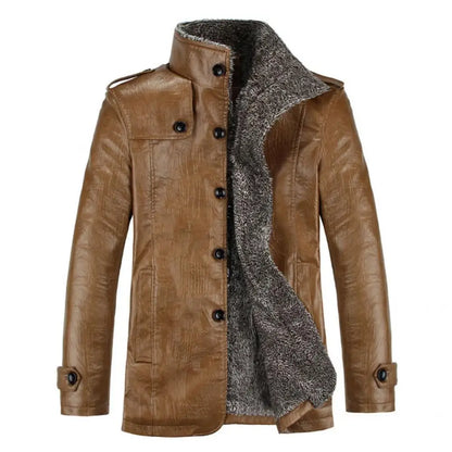 Men's Winter Warm Faux Leather Jacket – Solid Color Long Sleeve Cardigan Coat