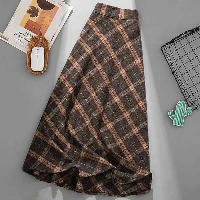 Rimocy Autumn Winter Woolen Skirt Women 2023 Korean Style Thick High Waist Long Skirt Woman A Line Pleated Plaid Skirt Female