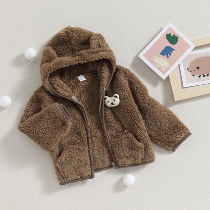 Hooded Baby Coat - 3D Bear Fuzzy Jacket for Boys & Girls, Winter Fleece Zipper Outerwear