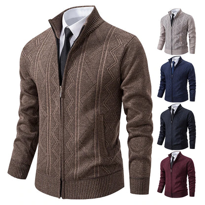 Men's Thick Knit Cardigan Jacket – Autumn Winter Stand Collar Casual Sweater Coat