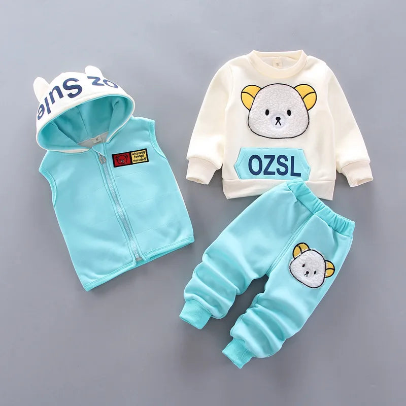 2024 Boys & Girls Cotton Hoodie Set - Cute Bear Cartoon 3-Piece Suit for Kids