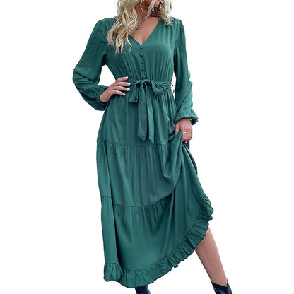 2024 Women Casual Long Sleeve v Neck Fall Dress Bohemian Ruffled Relaxed Fit Solid Maxi Dresses Tiered Cocktail Dress