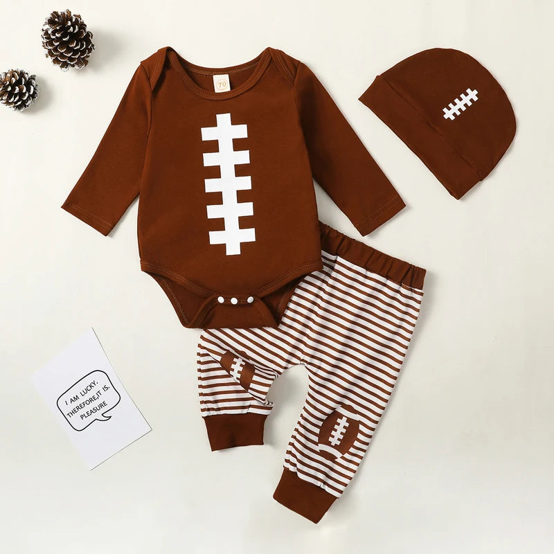 Baby Football Outfit - 3-Piece Long Sleeve Romper & Stripe Pants (0-18M)