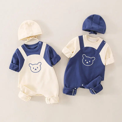 Autumn Baby Clothes Newborn Outfit Jumpsuit with Hood & Suspenders, Baby Cap