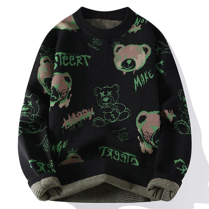 2024 Fall Winter Men’s Wool Pullover – Hip Hop Bear Knit Sweater