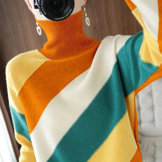 High Collar Sweater Women's 2023 Spring Autumn Knitwear Loose Thicke Stripe Color Contrast Soft Knitwear Jumpers Basic Sweaters