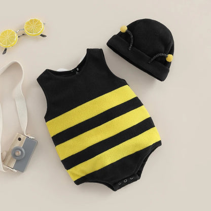 Infant Cartoon Bee Romper - Baby Halloween Outfit with Hat