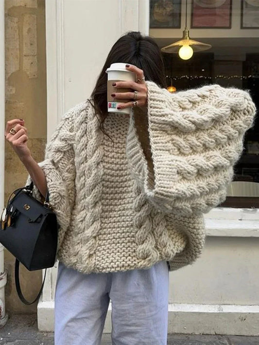 Knitted Women's Oversize Sweater Pullover Twist Chic Turtleneck Long Lantern Sleeve Casual Solid Jumpers Female Tops Lazy Thick