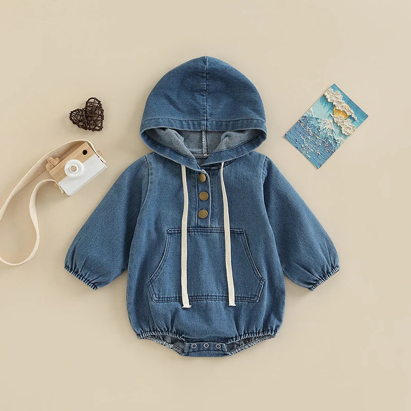 Baby Hooded Denim Jumpsuit - Solid Color Bodysuit for 0-24M Boys