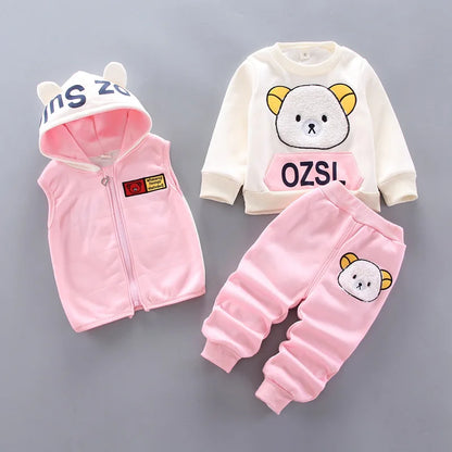 2024 Boys & Girls Cotton Hoodie Set - Cute Bear Cartoon 3-Piece Suit for Kids