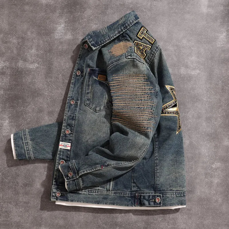 High-End Men’s Denim Jacket – Tiger Embroidery, Locomotive Style, Loose Fit