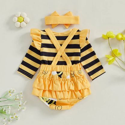 Lovely Baby Girl 3-Piece Set - Stripe Bee Print Romper, Shorts & Headband