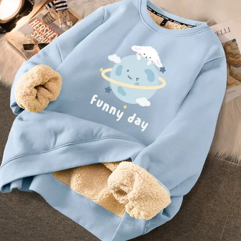 EVNISI Autumn Winter Women Lambswool Thicken Thermal Sweatshirts Printed Cute Fleece Warm Hoodies Women Casual Loose Sweatshirts