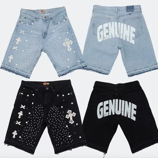 Y2K Denim Shorts Men Women Gothic Rhinestones High-Waist Baggy Hip Hop Casual