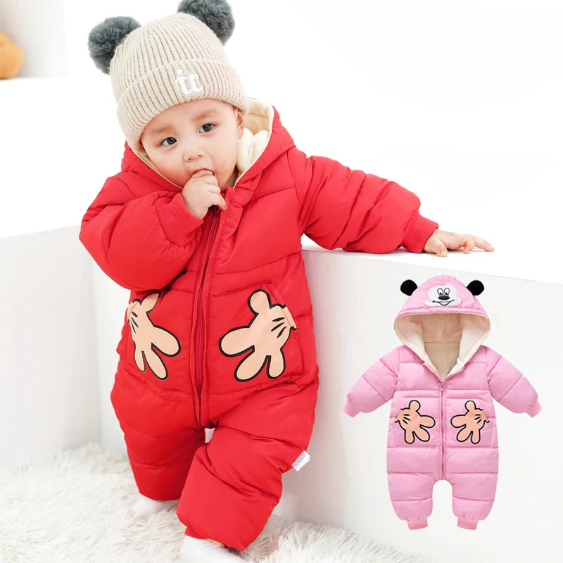 Baby Girl Cartoon Romper - Hooded Plus Velvet Newborn Jumpsuit for Autumn Winter