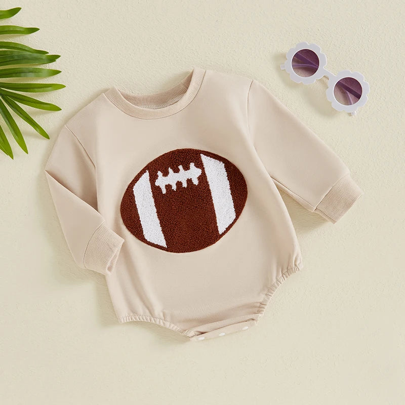 Autumn Baby Boy Bodysuit - Football Embroidered Long Sleeve Jumpsuit for Fall