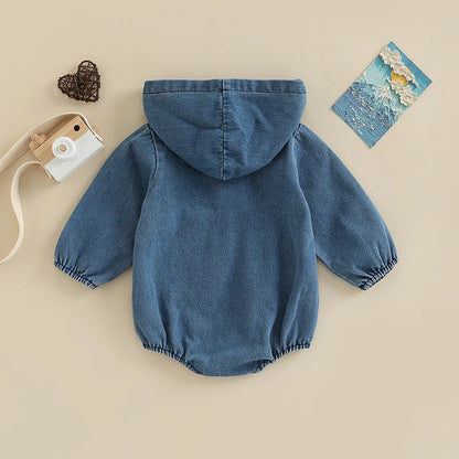 Baby Hooded Denim Jumpsuit - Solid Color Bodysuit for 0-24M Boys