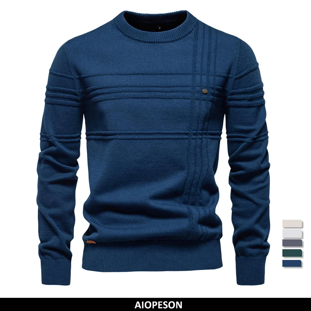 Men’s Crewneck Pullover Sweater | Striped Knitted Cotton, Warm Autumn Winter Sweater