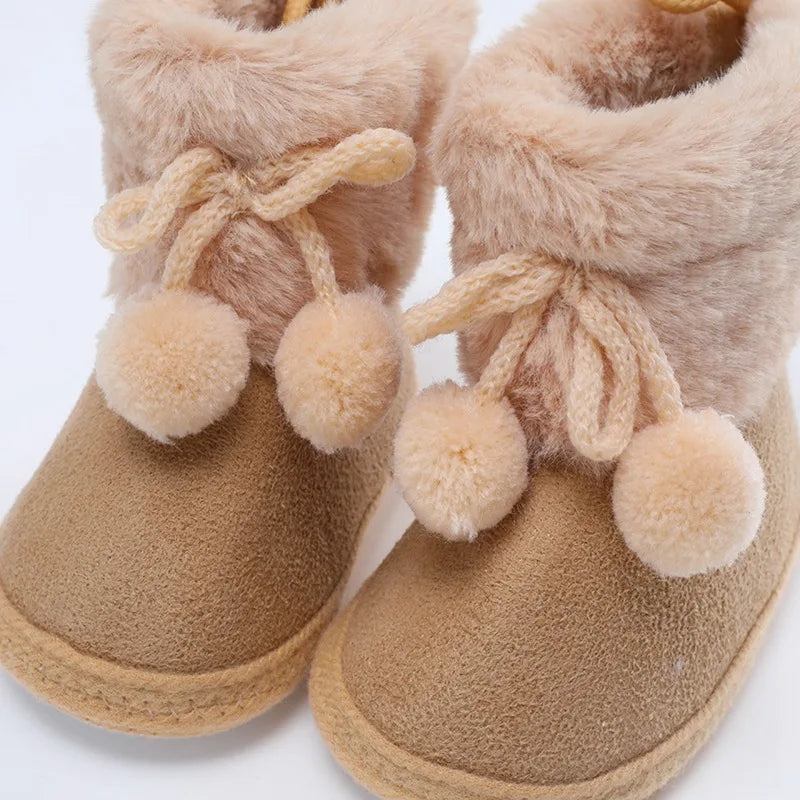 Winter Plus Velvet Baby Booties - Warm Shoes with Pompoms & Soft Sole