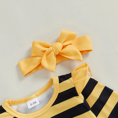 Lovely Baby Girl 3-Piece Set - Stripe Bee Print Romper, Shorts & Headband