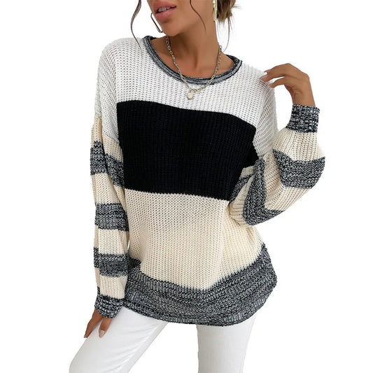 Autumn New Women's Pullover Round Neck Striped Contrasting Knitted Sweater Popular