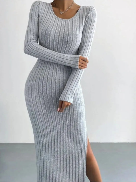 Autumn Winter Women's New Solid Color Long Sleeved Round Neck Sexy Slit Knitted Long Casual Comfortable Dress For Women