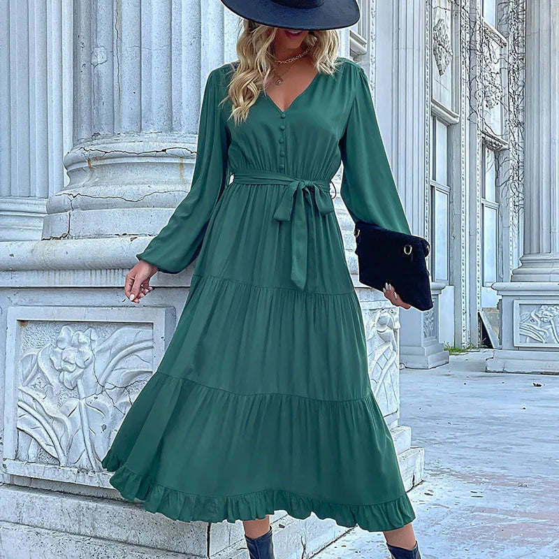 2024 Women Casual Long Sleeve v Neck Fall Dress Bohemian Ruffled Relaxed Fit Solid Maxi Dresses Tiered Cocktail Dress