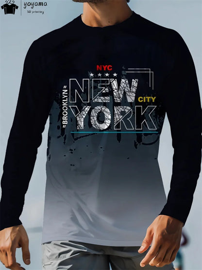 New York Print Men's Long Sleeve T-Shirt – Graphic Round Neck Casual Designer Tops