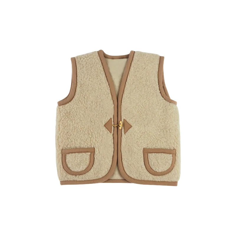 Baby Girl Sleeveless Vest - V-Collar Berber Fleece Cardigan with Pockets