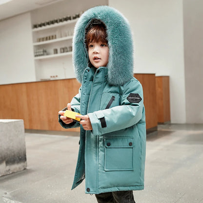 2024 Winter Down Jacket for Boys - Raccoon Fur Hooded Parka (2-12 Years)