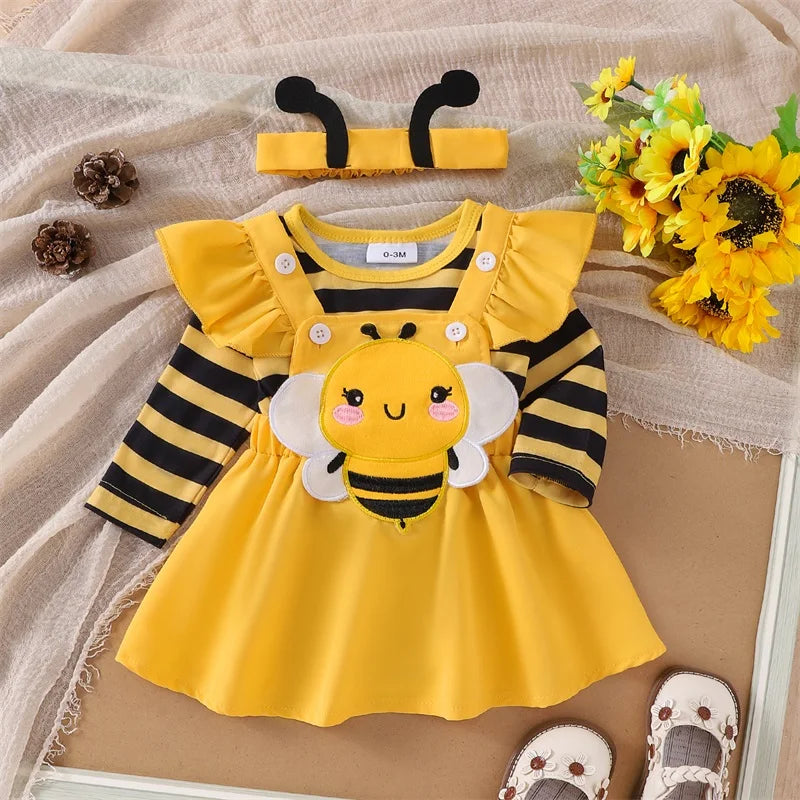 Baby Girls' Autumn Skirt Set - Flying Sleeve Romper & Bee/Beetle Embroidery Dress