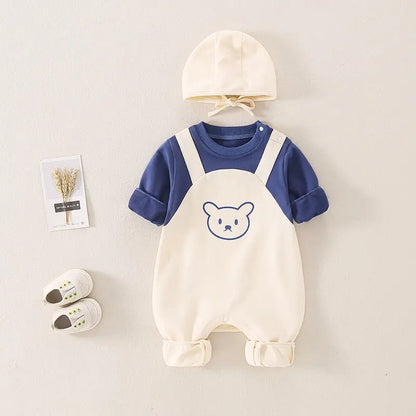 Autumn Baby Clothes Newborn Outfit Jumpsuit with Hood & Suspenders, Baby Cap