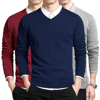 Men's Cotton V-Neck Sweater – Long Sleeve Loose Fit Knit Korean Style Pullover