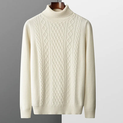 Autumn Winter 100% Wool Cashmere Sweater – Men’s Thick High Neck Loose Knit Pullover