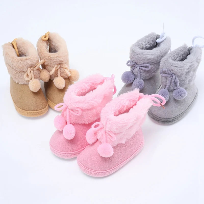 Winter Plus Velvet Baby Booties - Warm Shoes with Pompoms & Soft Sole