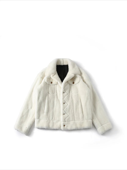 Copenhagen Mink-Textured Denim Jacket – Snow Mountain White Leather 3D Cut Design