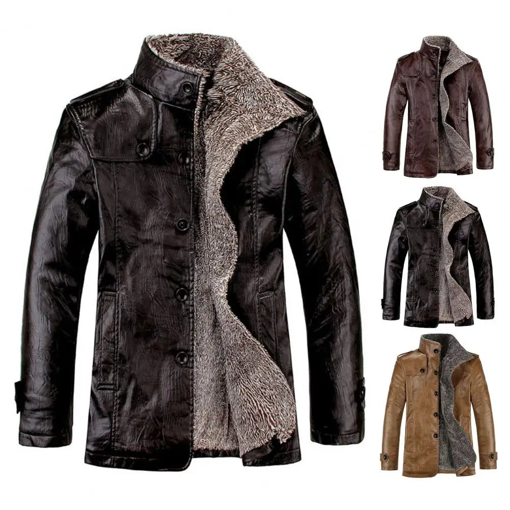 Men's Winter Warm Faux Leather Jacket – Solid Color Long Sleeve Cardigan Coat