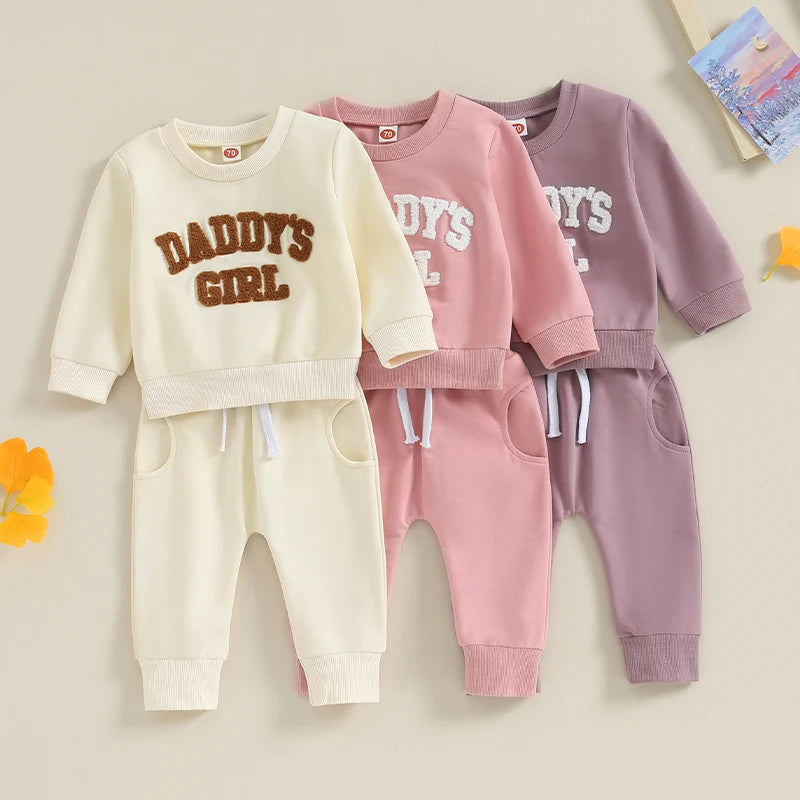 Baby Girls Sweatshirt & Pant Set - Letter Print Fall/Winter Outfit (0-3T)