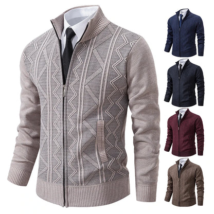 Men's Thick Knit Cardigan Jacket – Autumn Winter Stand Collar Casual Sweater Coat