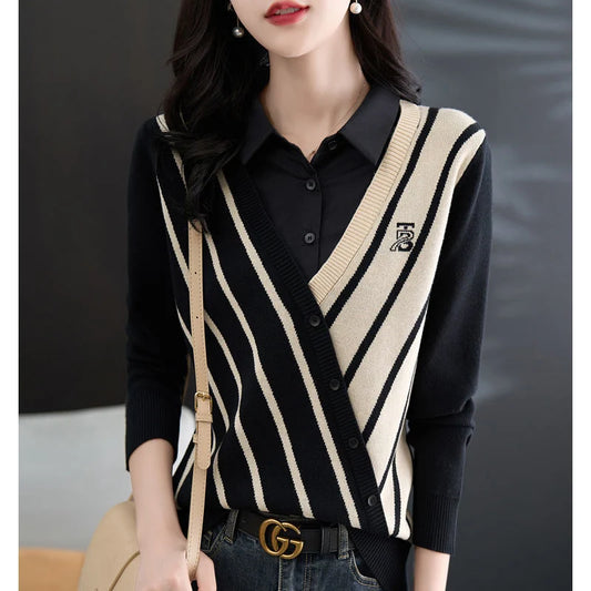 Spring Autumn New Contrast Color Striped Patchwork Sweater Women High Street Casual Button Pullovers Elegant All-match Tops