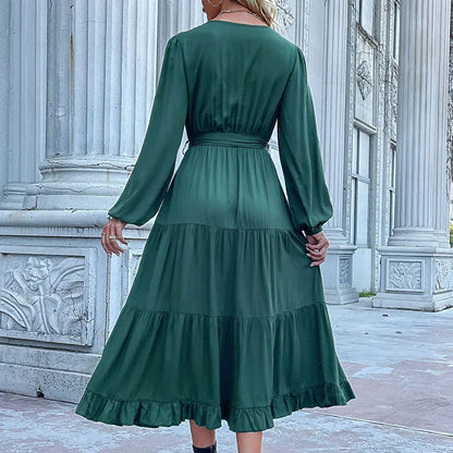 2024 Women Casual Long Sleeve v Neck Fall Dress Bohemian Ruffled Relaxed Fit Solid Maxi Dresses Tiered Cocktail Dress