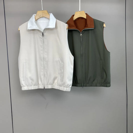 Women Double Pockets Vest Jacket Zipper Turn-down Collar Sleeveless Solid Color Casual Autumn Coat